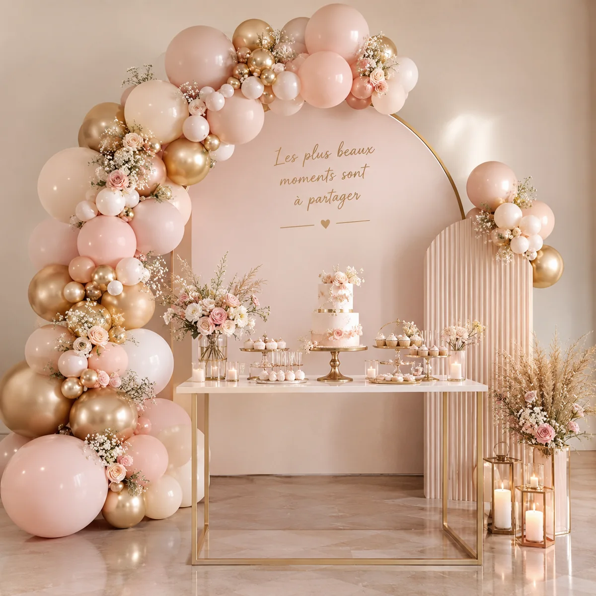 Arche organique de ballons rose poudré, blush et doré avec fleurs, panneau en arche « Les plus beaux moments sont à partager », panneau en lamelles et lanternes