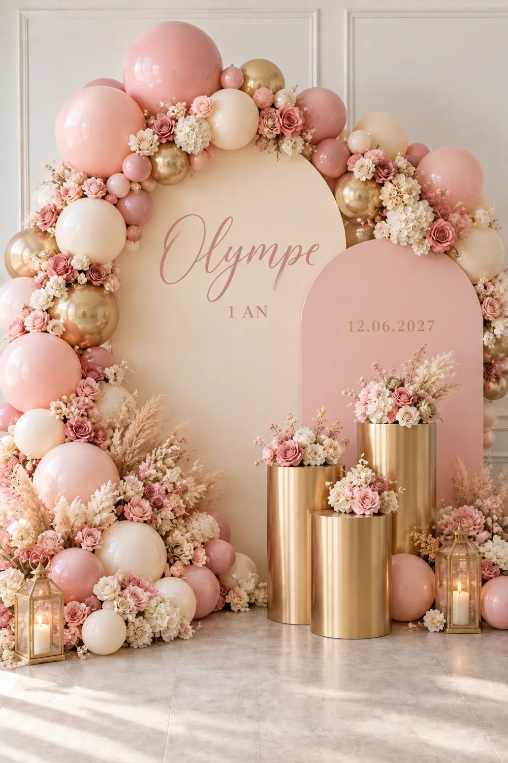 Backdrop « Olympe 1 an » : arche organique de ballons rose, crème et doré, deux panneaux en arche et présentoirs dorés fleuris