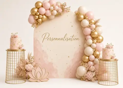 Backdrop avec fond imprimé, ballons et présentoirs personnalisés
