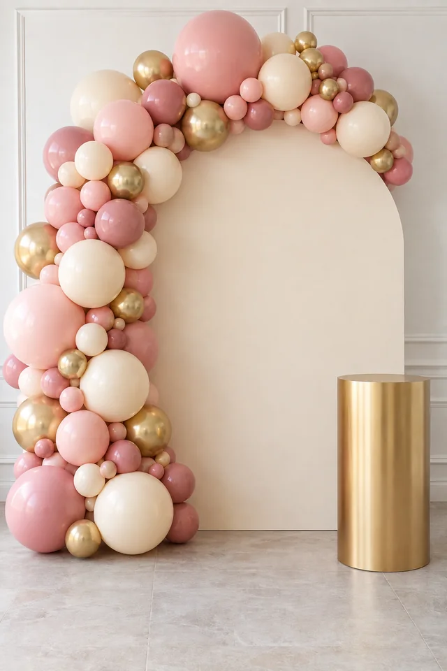 Panneau en arche crème entouré d'une demi-arche de ballons, avec un présentoir doré