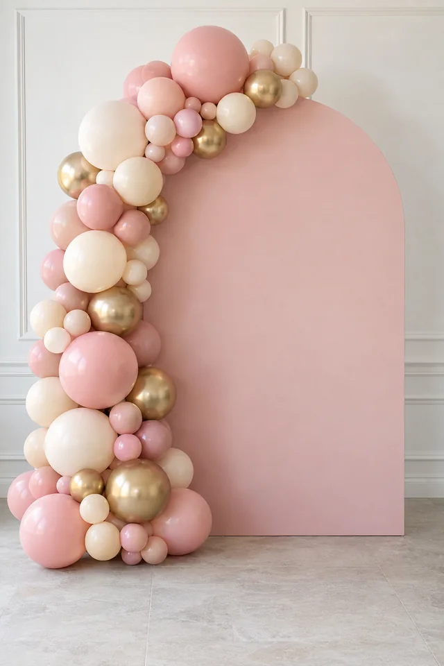 Panneau en arche rose poudré et demi-arche de ballons rose, crème et doré
