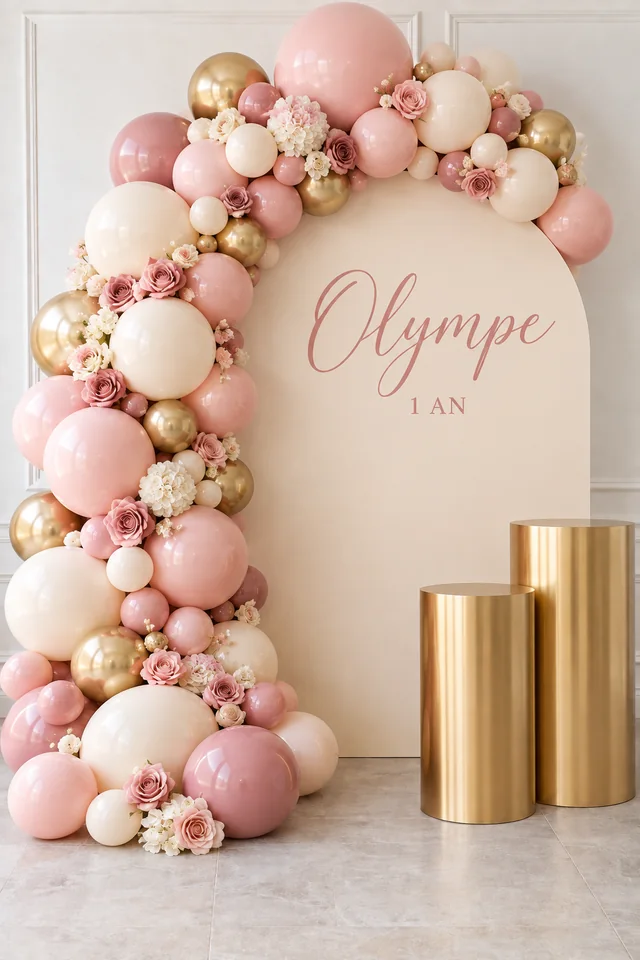 Panneau en arche personnalisé « Olympe 1 an », arche de ballons fleurie et deux présentoirs dorés