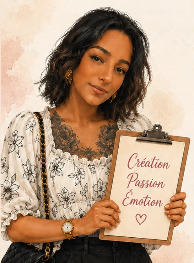 Melissa, décoratrice d'événements et fondatrice de L'Atelier des Fêtes, tenant un porte-bloc « Création, Passion, Émotion »
