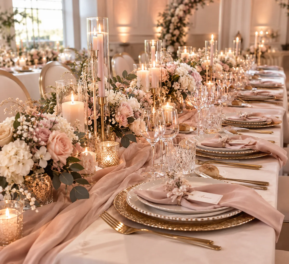 Table de fête dressée : chemin de table rose poudré, bouquets de roses, bougies, serviettes et marque-places
